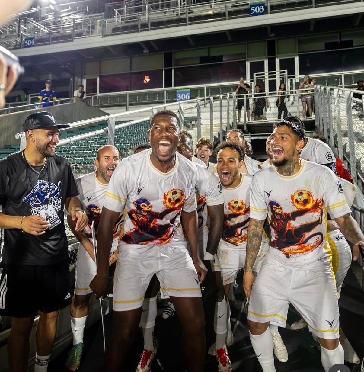 Coach Rafaz celebrating with the Drunken Monkeys squad at TST 2025.
